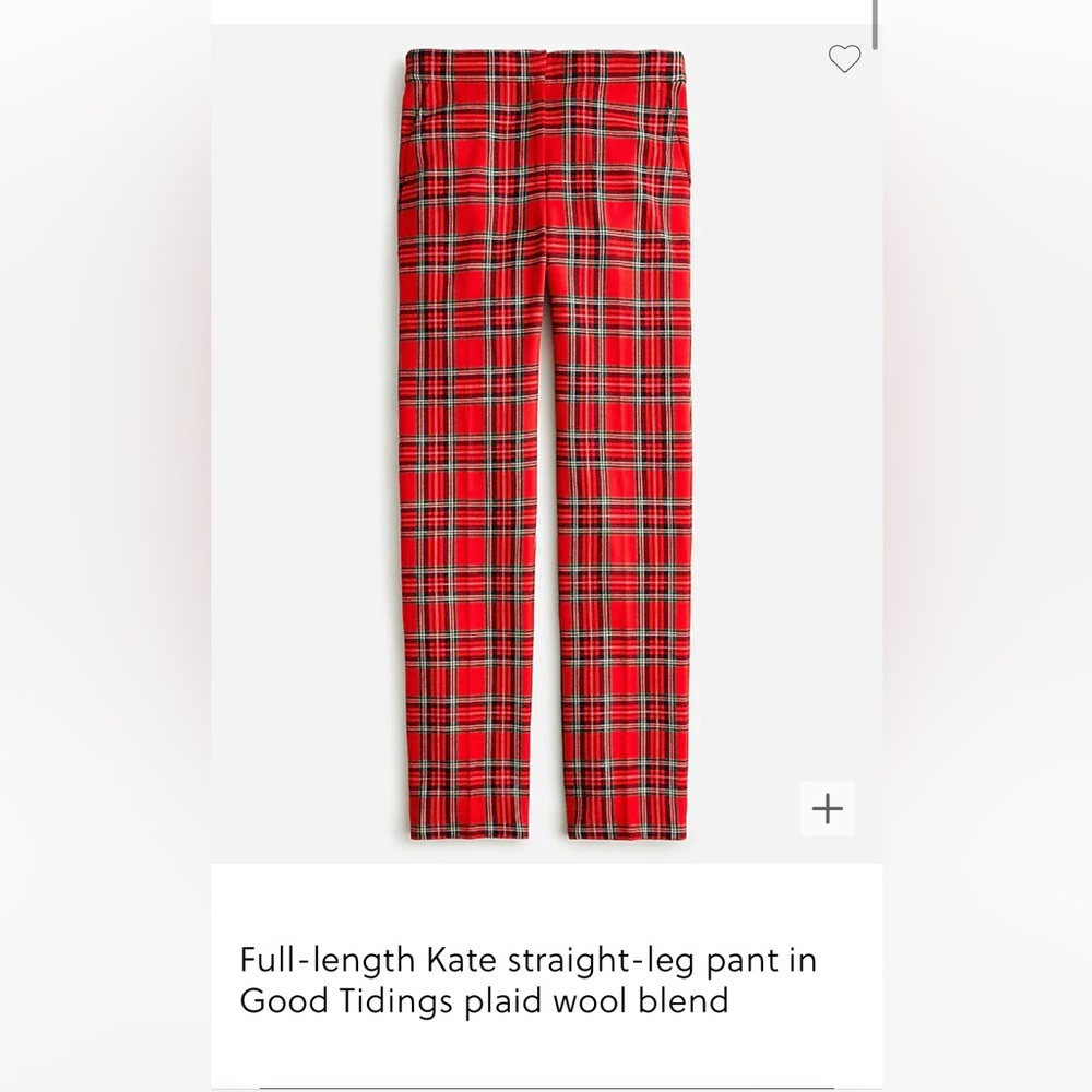 NWT J. Crew Kate straight-leg pant in Good Tidings plaid wool blend. Size 12tall